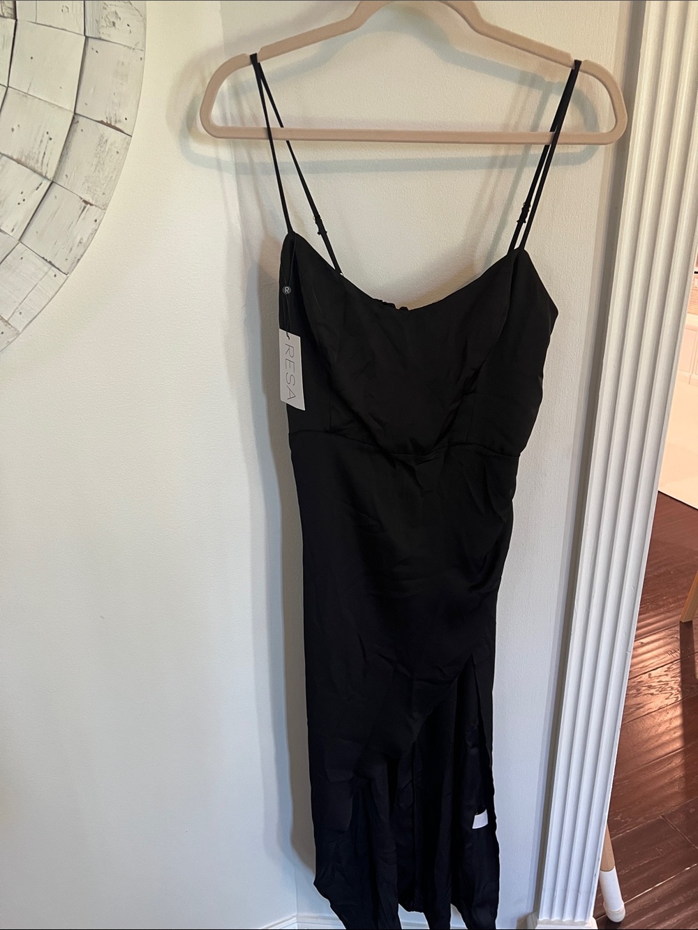 RESA Black Satin Slip Dress with Double Spaghetti Straps and high front slit
